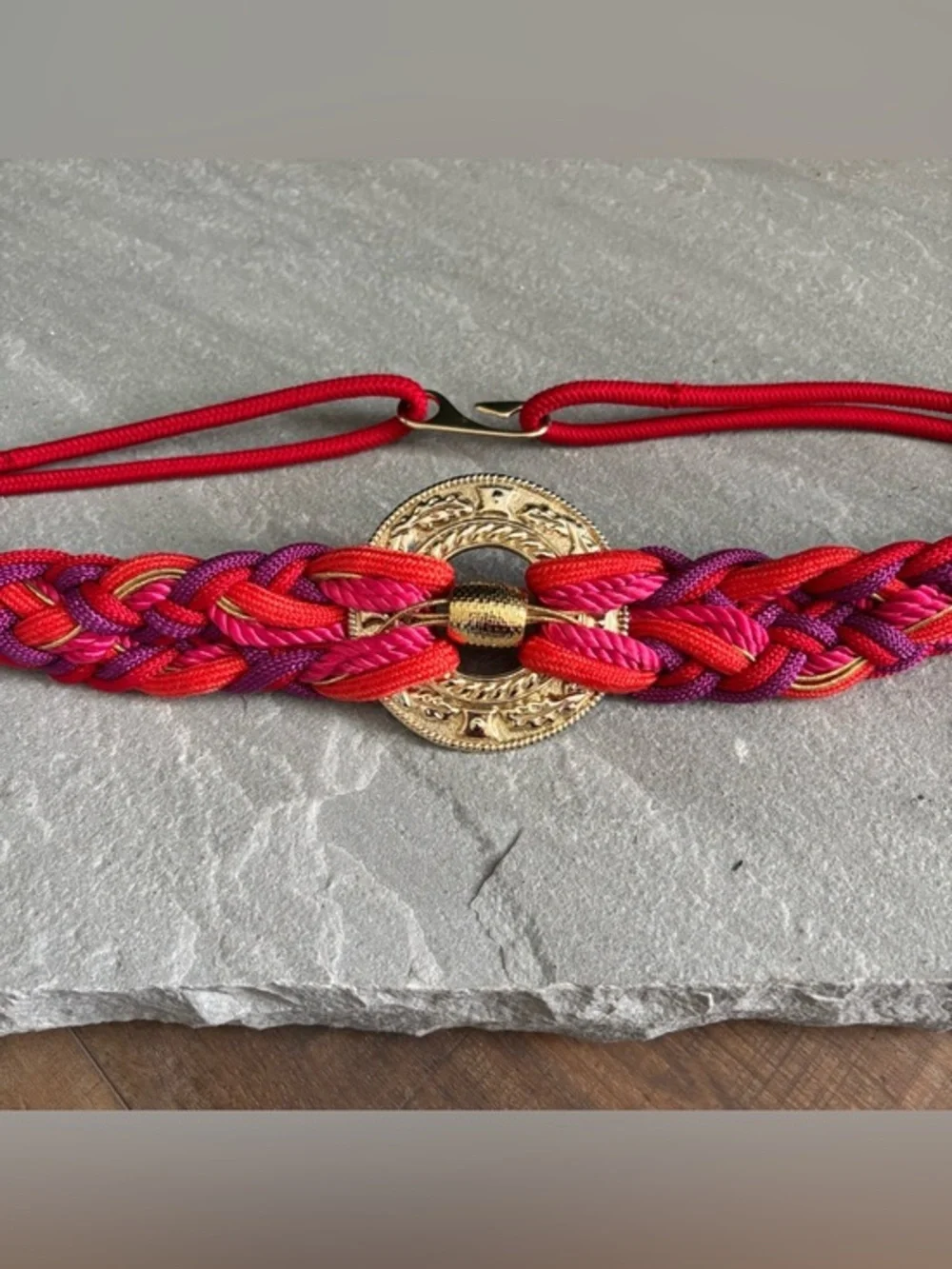 Vintage 80s Statement Boho Red Purple Pink Braided Waist Belt Gold Medallion‎